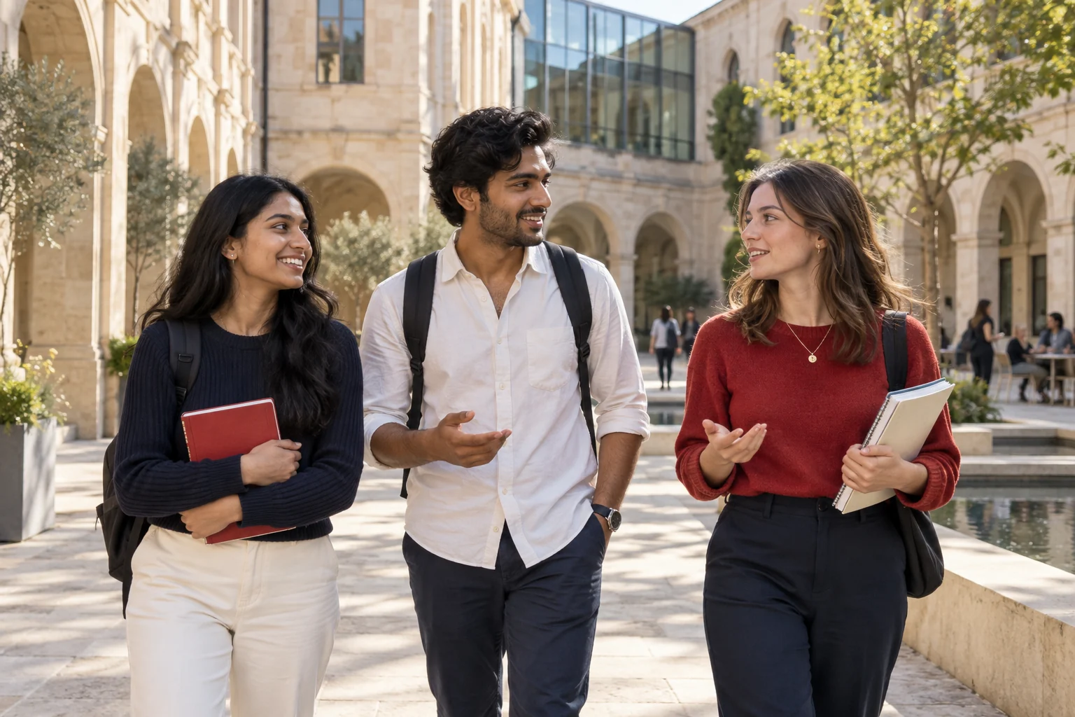 Three young adults in conversation