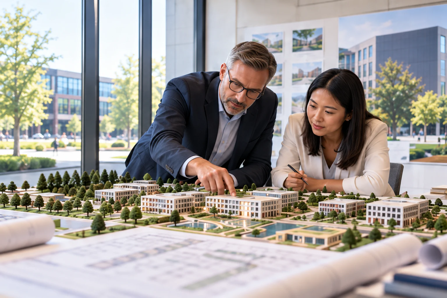 Institutional planners examining a model of a contemporary campus